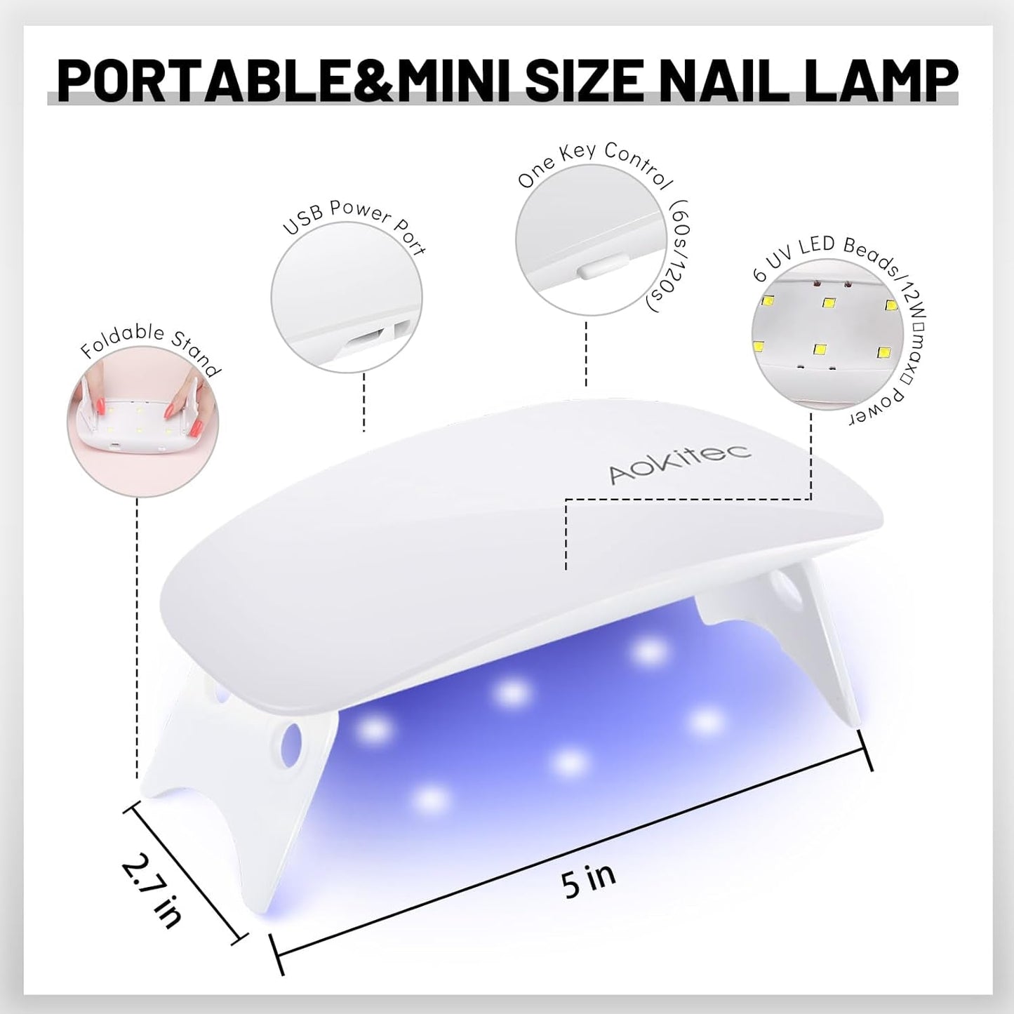 Lampa UV Aokitec Mini LED, lampa UV do żelu do paznokci, przenośna suszarka do paznokci do wszystkich rodzajów żelowych lakierów do paznokci, narzędzie do utwardzania w kształcie myszy, kompaktowe, lekkie z kablem USB (białe)