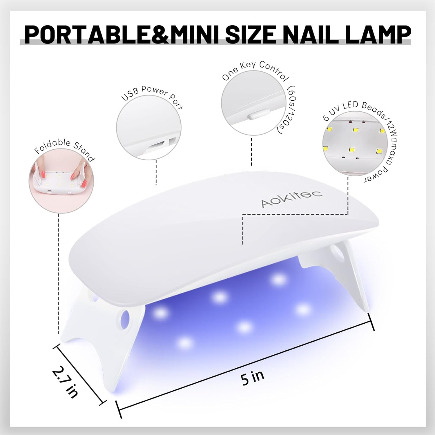 Lampa UV Aokitec Mini LED, lampa UV do żelu do paznokci, przenośna suszarka do paznokci do wszystkich rodzajów żelowych lakierów do paznokci, narzędzie do utwardzania w kształcie myszy, kompaktowe, lekkie z kablem USB (białe)