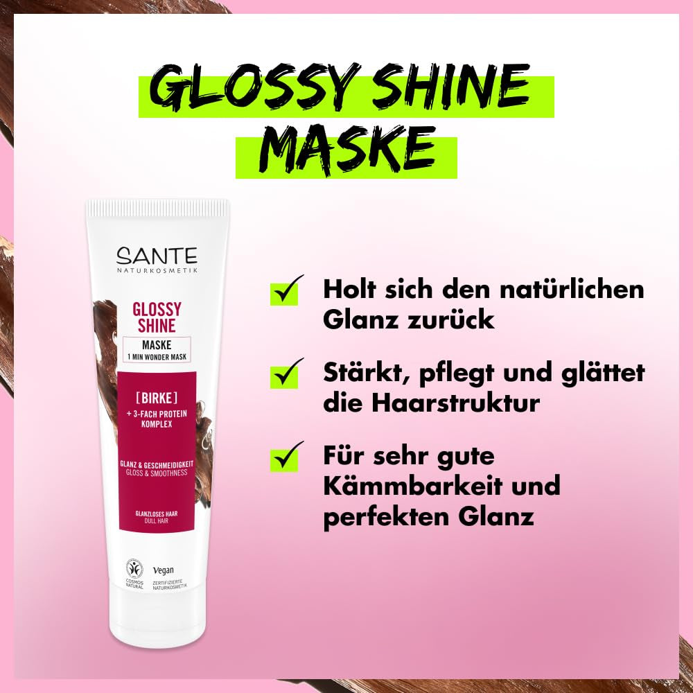 SANTE Naturkosmetik Glossy Shine Mask organiczny ekstrakt z liści brzozy + 3x kompleks białkowy, niezawierająca silikonu i nawilżająca maska do włosów, wegańska pielęgnacja włosów zapewniająca większy połysk i elastyczność, 150 ml Naty Shop Hair Mask