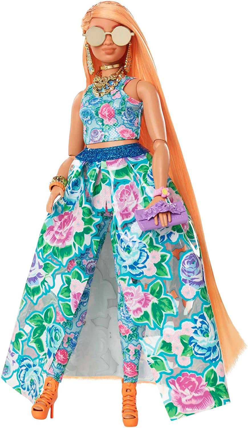 Barbie Extra Fancy, kurvige Langen erdbeerblonden Haaren, zweiteiliges Outfit, Blaue Katze, rosa Handtasche, Ananas-Sonnenbrille, inkl Puppe, als Geschenk geeignet, HHN14