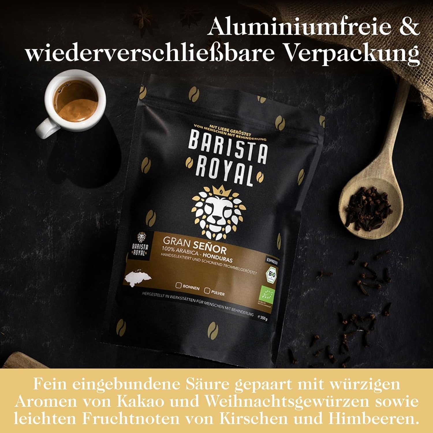 BARISTA ROYAL Bio Espressobohnen 1kg "Gran Señor" | Świeże Kaffeebohnen bezpośrednio z Hondurasu | 100% Arabika Espresso Ganze Bohnen | Idealny do w pełni automatycznych i Siebträger
