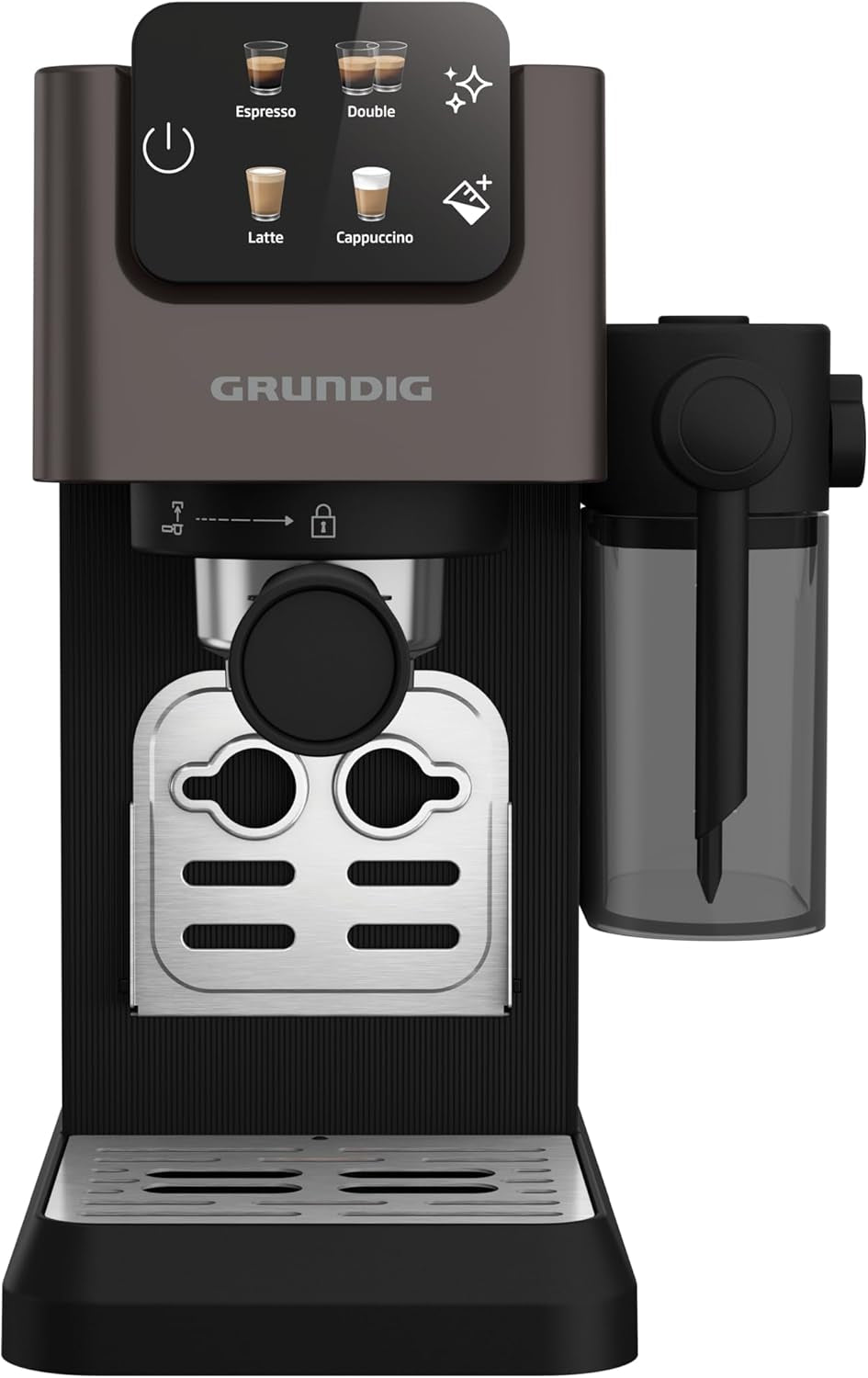 Ekspres do kawy z kolbą GRUNDIG KSM 5330 ze zintegrowanym pojemnikiem na mleko, moc 1628 W, ciśnienie pompy 15 bar, podwójna dysza, kolorowy wyświetlacz dotykowy, BrewSense, CreamyPro, Ciemna stal nierdzewna/Czarny