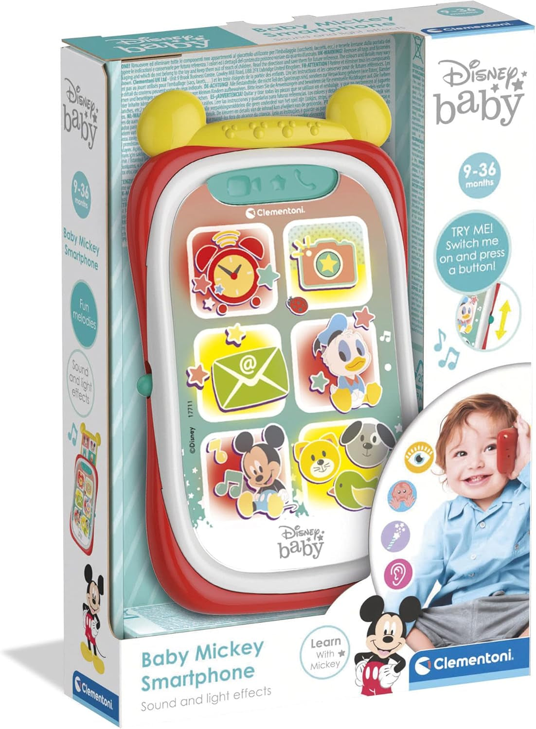 Clementoni 17711 Disney Baby Baby Mickey Smartphone, Dziecięcy telefon komórkowy z efektami świetlnymi i dźwiękowymi, Interaktywna zabawka dla dzieci 9-36 miesięcy, M, Wielokolorowe Bebe Toys Naty Shop