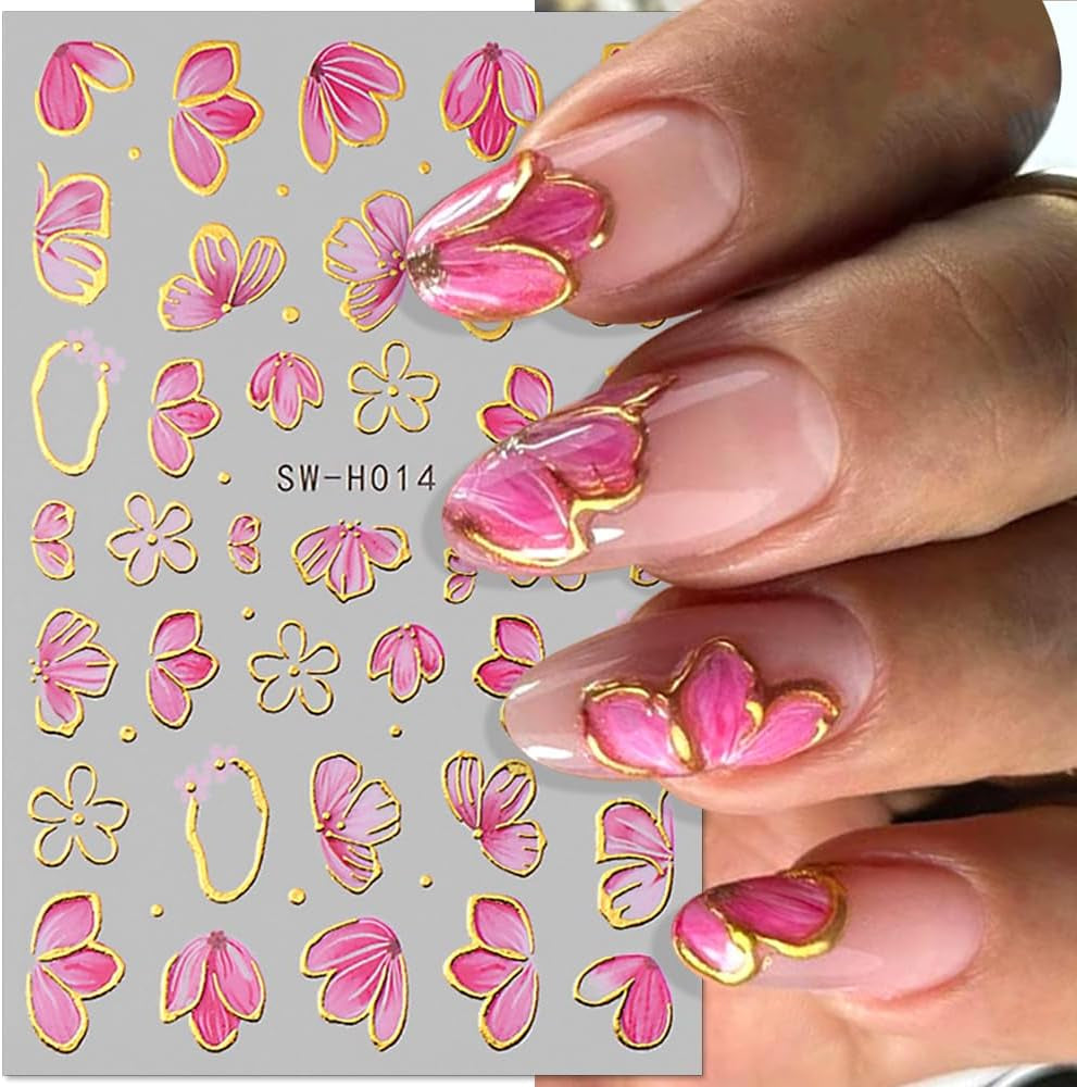 Złota Linie Schieber Rosa Nagelsticker Blumen 3D Kwiatowa naklejka na paznokcie Sakura Blütenblätter Blumen Nagelaufkleber Frühling Sommer Floral Nagel Naklejka Kwiaty Nagel Naklejki Nageldesign Zubehör Nail Art