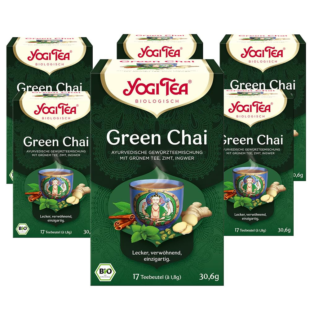 Yogi Tea Green Chai, organiczna herbata ajurwedyjska z przyprawami, mieszanka cynamonu, mięty, zielonej herbaty, imbiru, kardamonu i goździków, 6X17 torebek na herbatę (łącznie 102 torebek na herbatę)