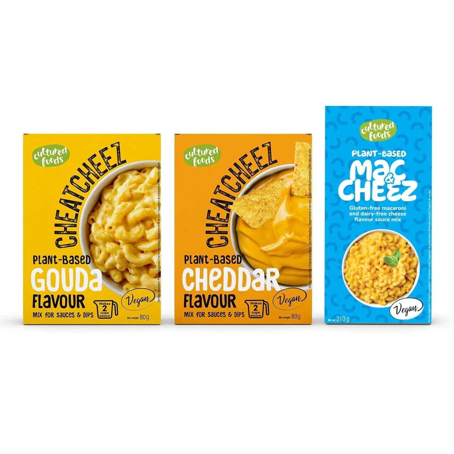 Cultured Foods Wegański zestaw 3-er Wegański makaron z serem, sosem Gouda, sosem Cheddar, Laktosefrei Glutenfrei MAC i CHEEZ CHEATCHEEZ