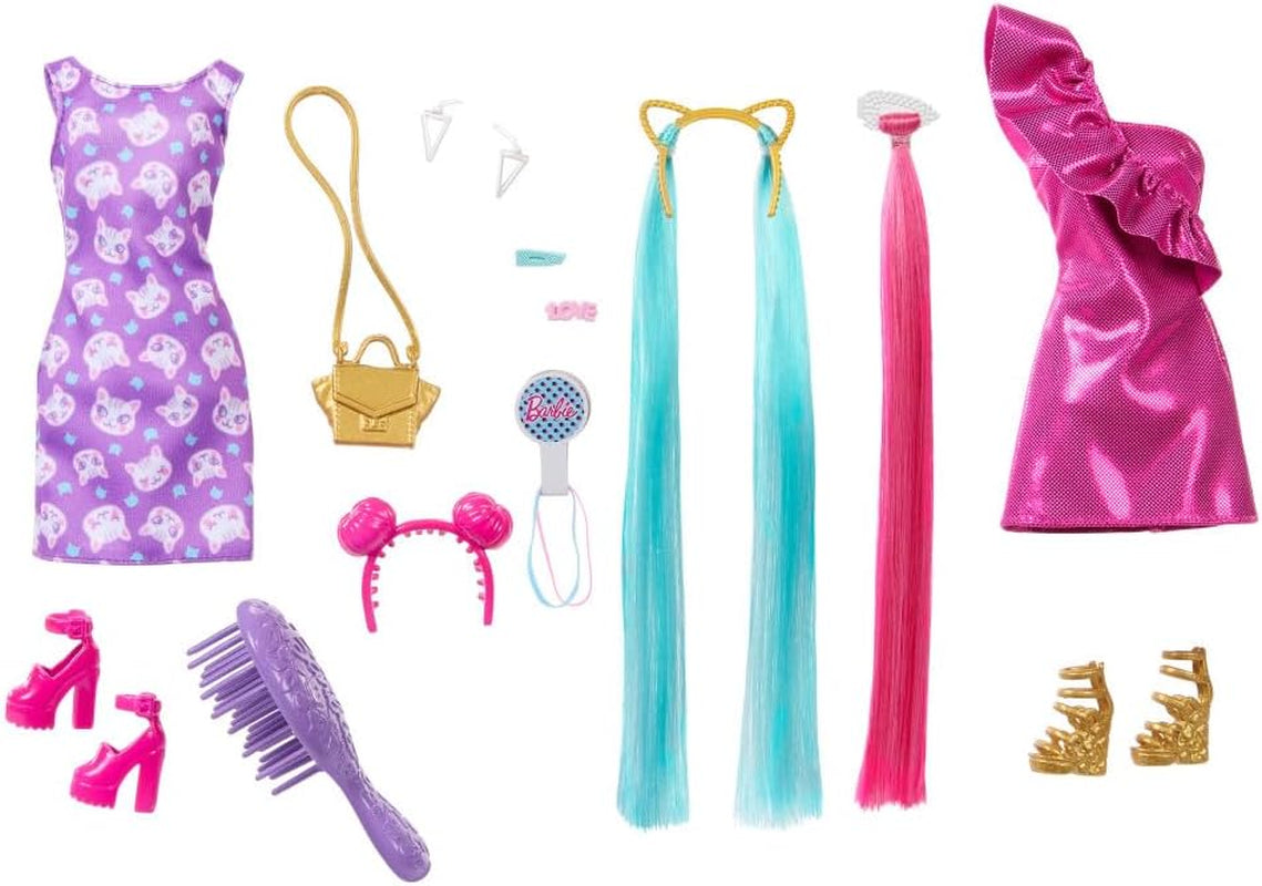 Barbie Totally Hair — lalka z łatwymi do ułożenia, wyjątkowo długimi tęczowymi włosami i 10 dodatkami do mody i stylizacji, sukienka w kropki z blokami kolorów, dla dzieci w wieku od 3 lat, HKT96