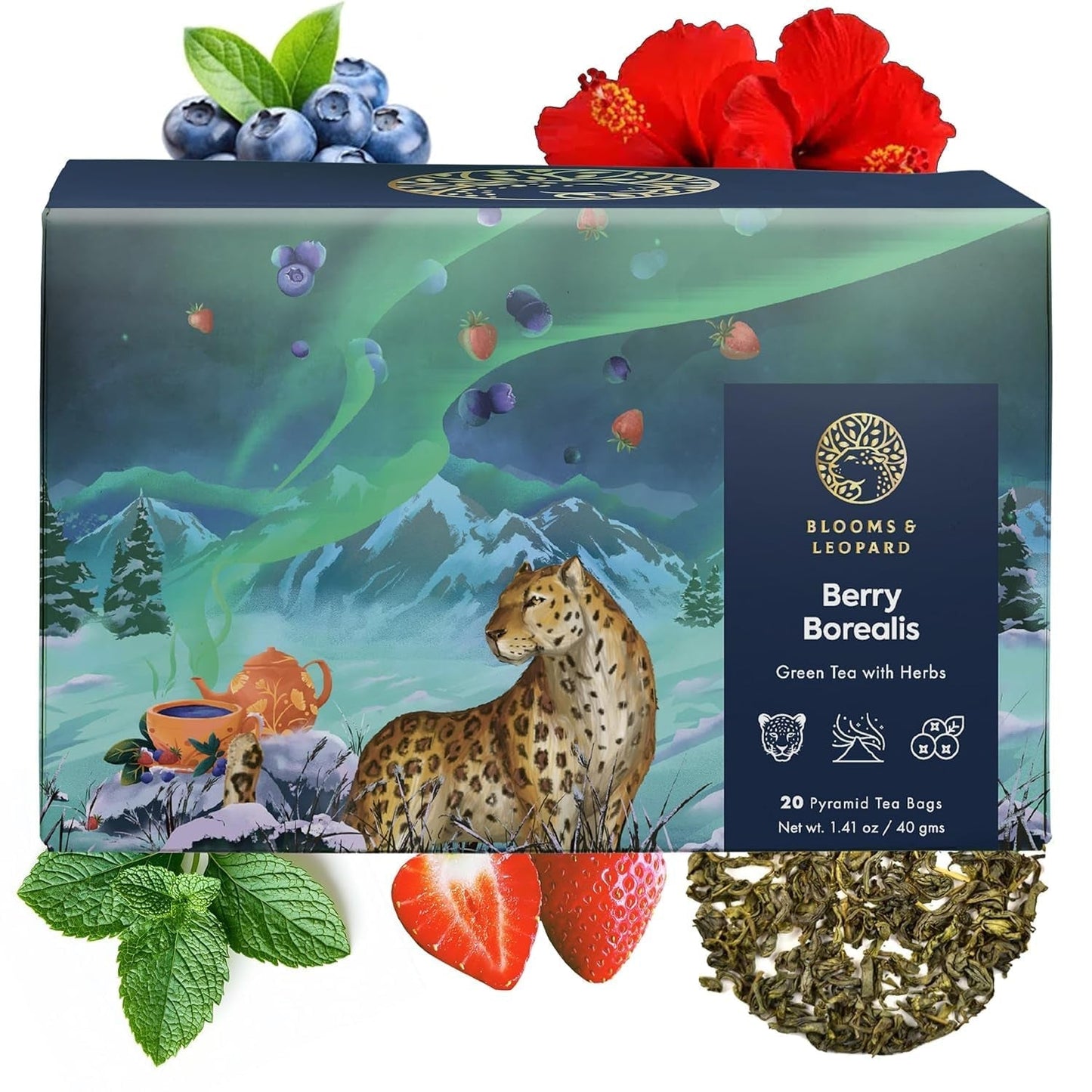 Torebki na zieloną herbatę Blooms & Leopard Premium - Mieszanka jagód Borealis z hibiskusem, jagodami, truskawkami i miętą - 20 torebek na herbatę w kształcie piramidy do herbaty na gorąco lub na zimno