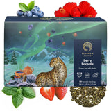 Torebki na zieloną herbatę Blooms & Leopard Premium - Mieszanka jagód Borealis z hibiskusem, jagodami, truskawkami i miętą - 20 torebek na herbatę w kształcie piramidy do herbaty na gorąco lub na zimno