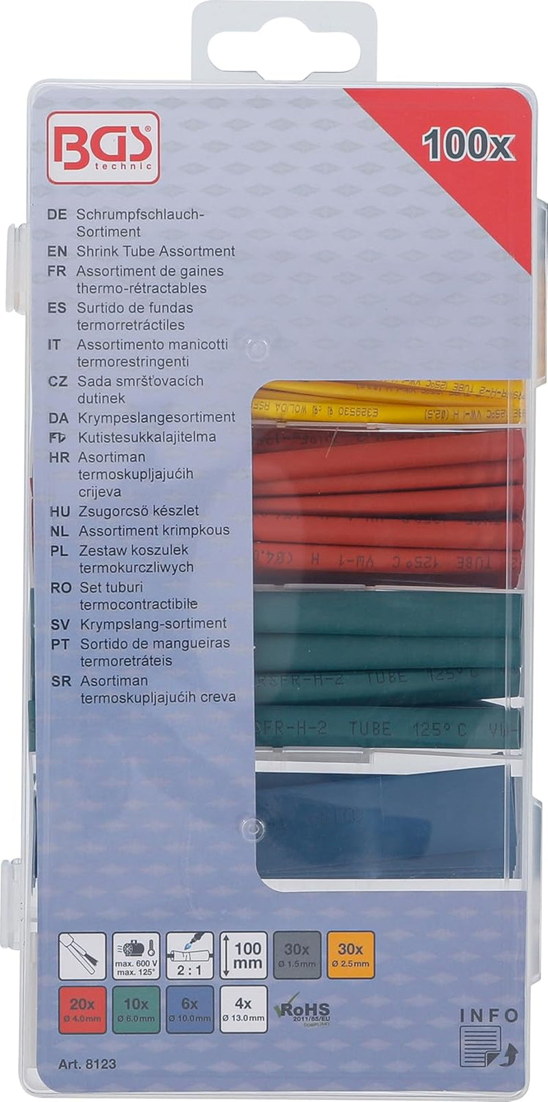 BGS 8123 | Asortyment rurek termokurczliwych | 100 sztuk | Kolorowe | Stosunek 2:1 | 6 rozmiarów | Zawiera pasujące pudełko
