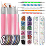Zestaw pędzli do zdobienia paznokci FANDAMEI, 15 Stücke Pinsel Für Gelnägel Nagel Pinsel, 5 Stücke Dotted Pen, 10 Rolle Streifenband Nägel, Strasssteine ​​​​Nägel, Ultra Dünn Nagel Paillettes Für Nagelkunst Maniküre Set