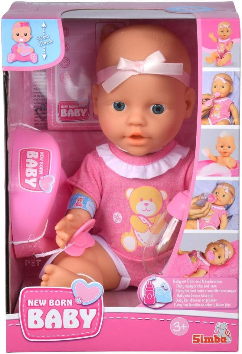 Simba 105030069 - Lalka noworodkowa, lalka winylowa do picia i karmienia z aktem urodzenia i akcesoriami, 4 sztuki, 30 cm, lalka, wiek 3+ Naty Shop Cute Dolls