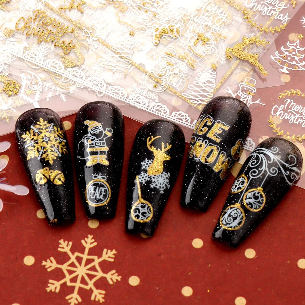JMEOWIO Nagelsticker Weihnachten 9 Blatt Nail Art Naklejka Selbstklebend Nagelaufkleber Schneeflocke Schneemann Festival Weißes Gold Dekoration Nageldesign Zubehör