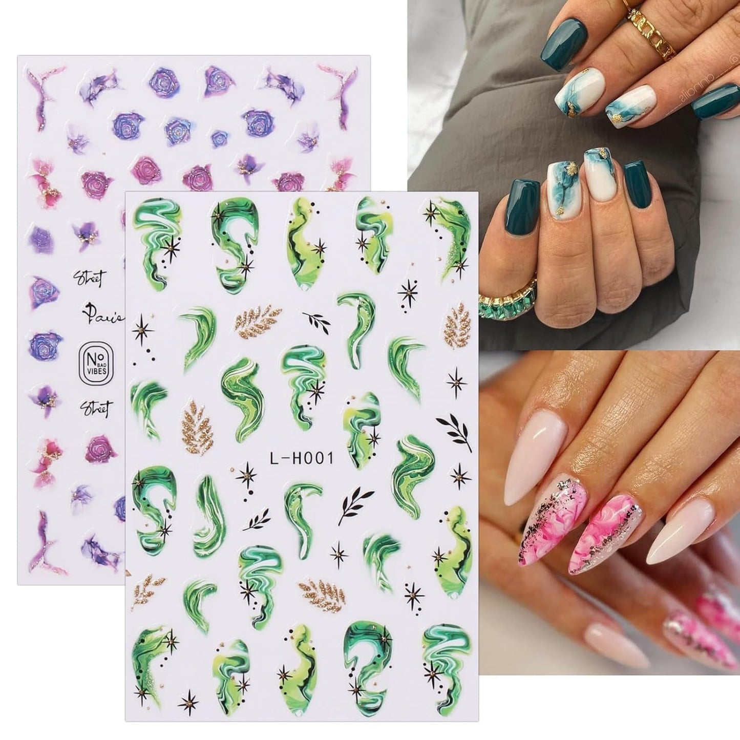 Jmeowio JMEOWIO Nagelsticker Marmor Französische Spitze 10 Blatt Nail Art Naklejka Selbstklebend Nagelaufkleber Bunt Dekoration Nageldesign Zubehör