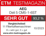Ekspres AEG Deli 5, 1,5 l, programowalny timer, funkcja utrzymywania ciepła, wyłącznik bezpieczeństwa, wskaźnik poziomu wody, optymalne dozowanie, funkcja zapobiegająca kapaniu, stal nierdzewna, CM5-1-6ST