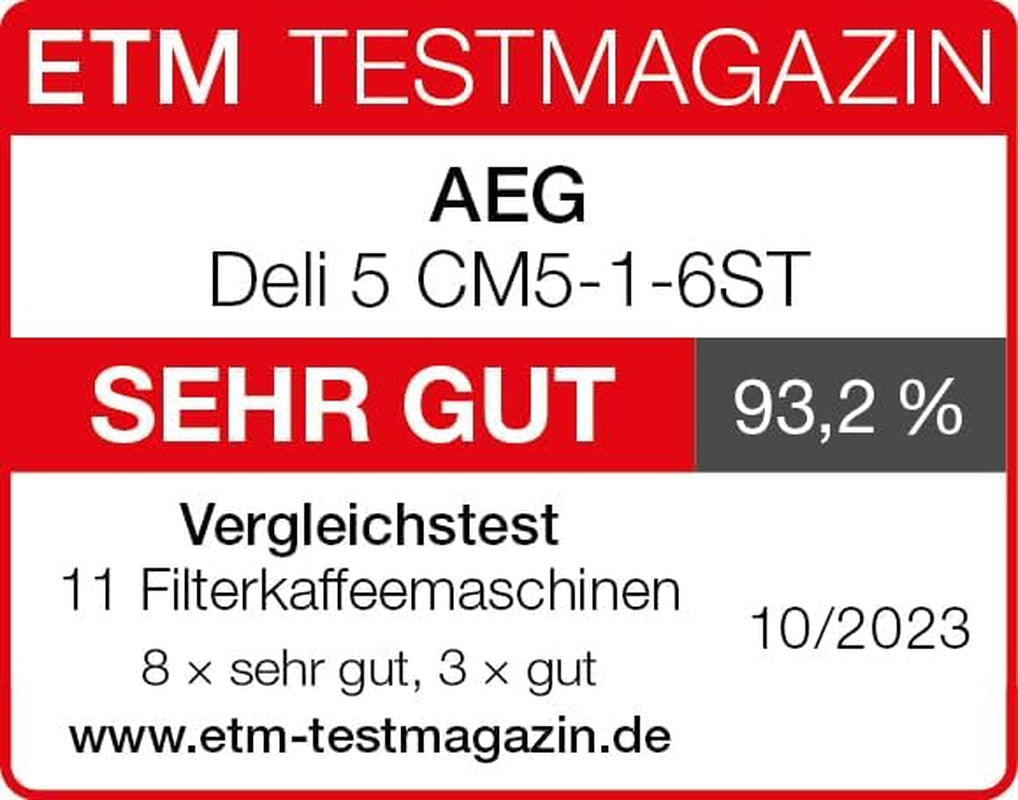 Ekspres AEG Deli 5, 1,5 l, programowalny timer, funkcja utrzymywania ciepła, wyłącznik bezpieczeństwa, wskaźnik poziomu wody, optymalne dozowanie, funkcja zapobiegająca kapaniu, stal nierdzewna, CM5-1-6ST