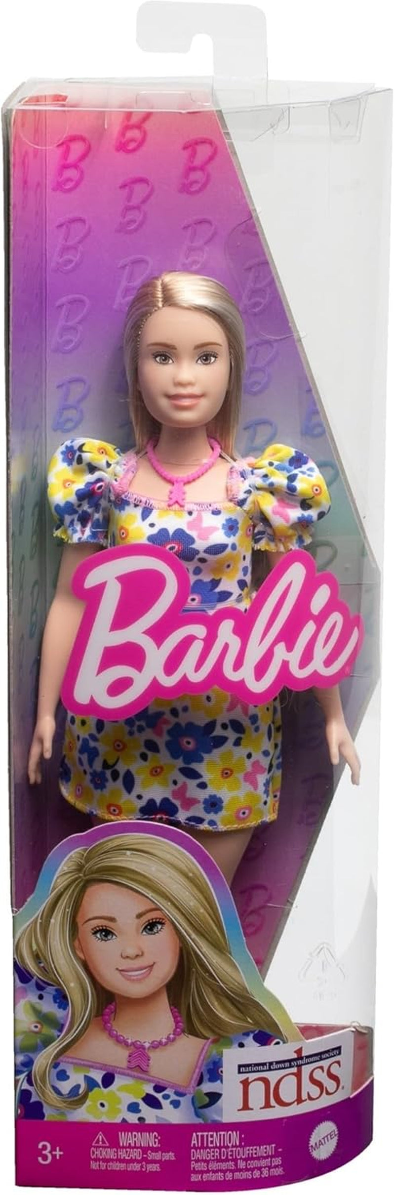 Barbie Fashionistas – opracowana we współpracy z Narodowym Towarzystwem Zespołu Downa, blond włosy i modny strój składający się z sukienki w kwiaty i białych tenisówek, dla dzieci w wieku od 3 lat, HJT05 Naty Shop Dolls