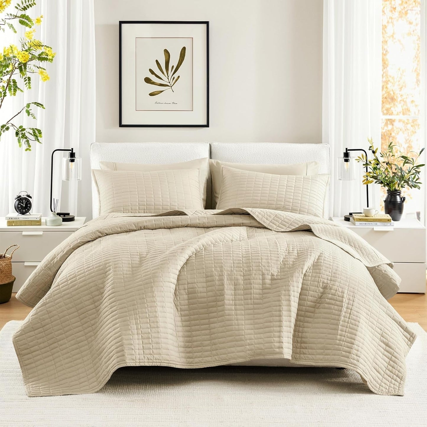 Zestaw kołder Comfort Spaces Kienna, luksusowy letni koc z podwójnym ściegiem, lekka, miękka, pościel przez cały rok, dopasowana poszewka na poduszkę, biały, koc na łóżko king size (264,2 x 228,6 cm), kołdry i kołdry Naty Shop Ivory King/Cal King (104 "X 90")