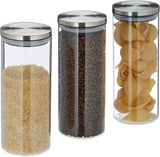 Zestaw 3 słoików do przechowywania Relaxdays z uszczelnionymi pokrywkami ze stali nierdzewnej Makaron Muesli Ryż 1,5 litra Pojemnik kuchenny Przezroczysty srebrny 24 x 9,5 x 9,5 cm Przezroczysty srebrny Pudełka do przechowywania żywności Sklep Naty Domyślny tytuł