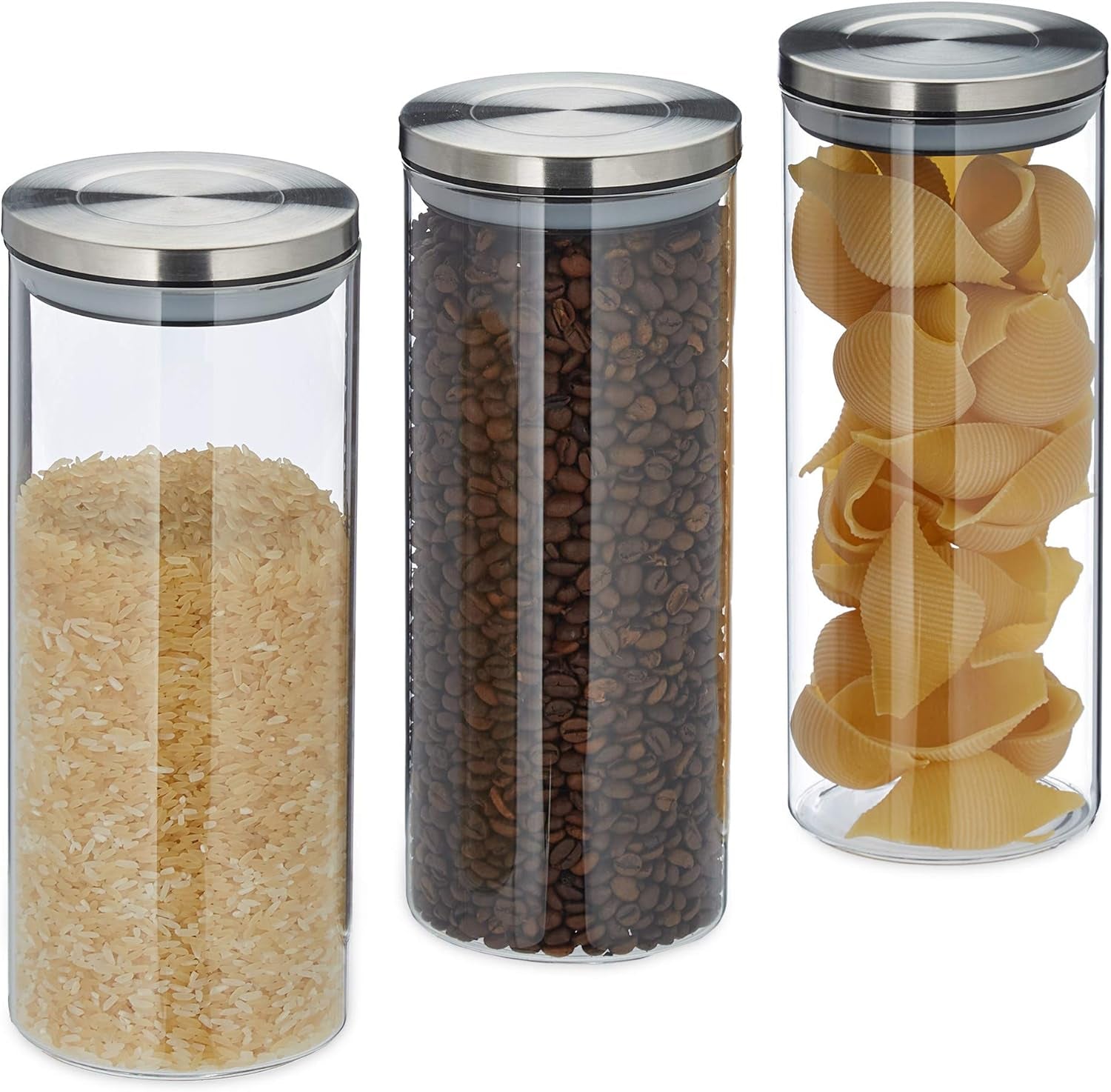 Zestaw 3 słoików do przechowywania Relaxdays z uszczelnionymi pokrywkami ze stali nierdzewnej Makaron Muesli Ryż 1,5 litra Pojemnik kuchenny Przezroczysty srebrny 24 x 9,5 x 9,5 cm Przezroczysty srebrny Pudełka do przechowywania żywności Sklep Naty Domyślny tytuł