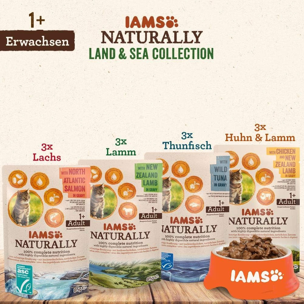 IAMS Natural Mokra karma dla kotów w sosie - Wysokiej jakości mokra karma mięsna i rybna dla dorosłych kotów, kolekcja Land & Sea, 12 x 85g