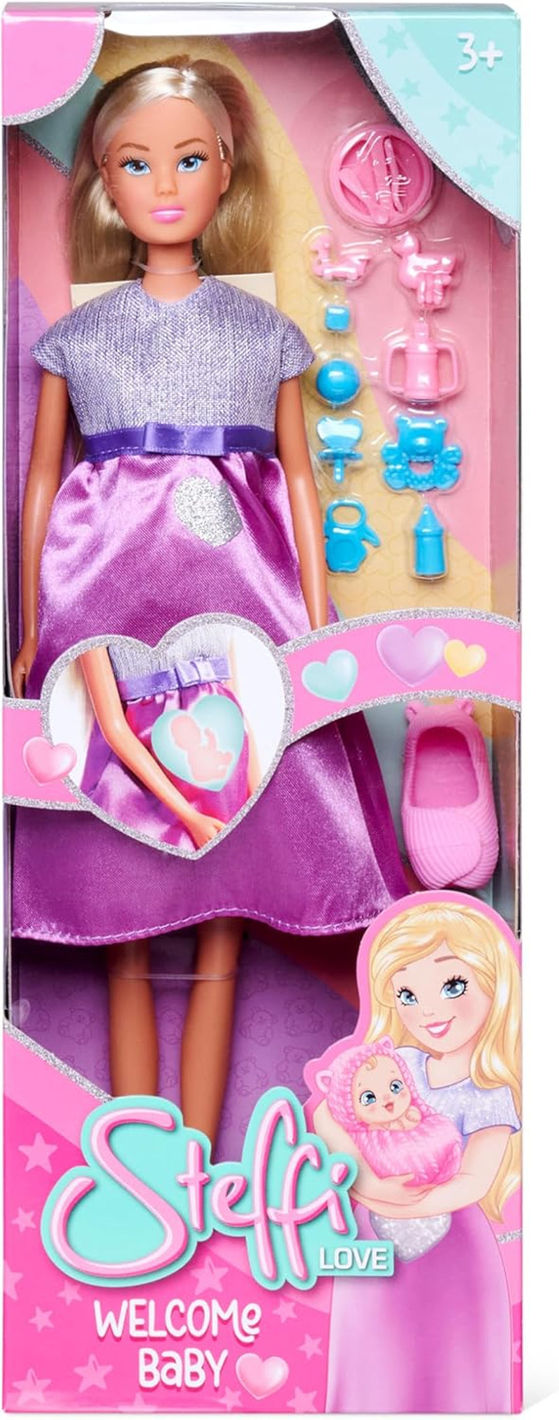 Simba Steffi Love Welcome Baby 29cm Steffi w ciąży 12 sztuk akcesoriów do odgrywania ról Modna lalka z 4cm laleczką bobas zabawka dla dzieci w wieku 3+