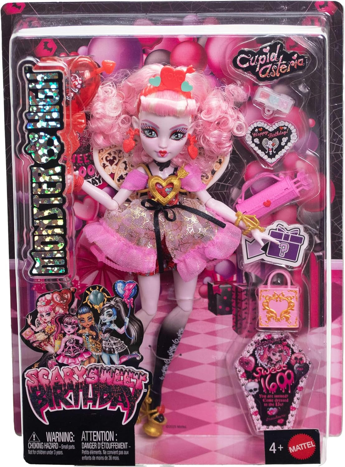 Straszna lalka Monster High Sweet Birthday Cupid Asteria w różowej i czerwonej sukience imprezowej z akcesoriami tematycznymi, takimi jak zaproszenie, balon, prezent i nie tylko, JBG77