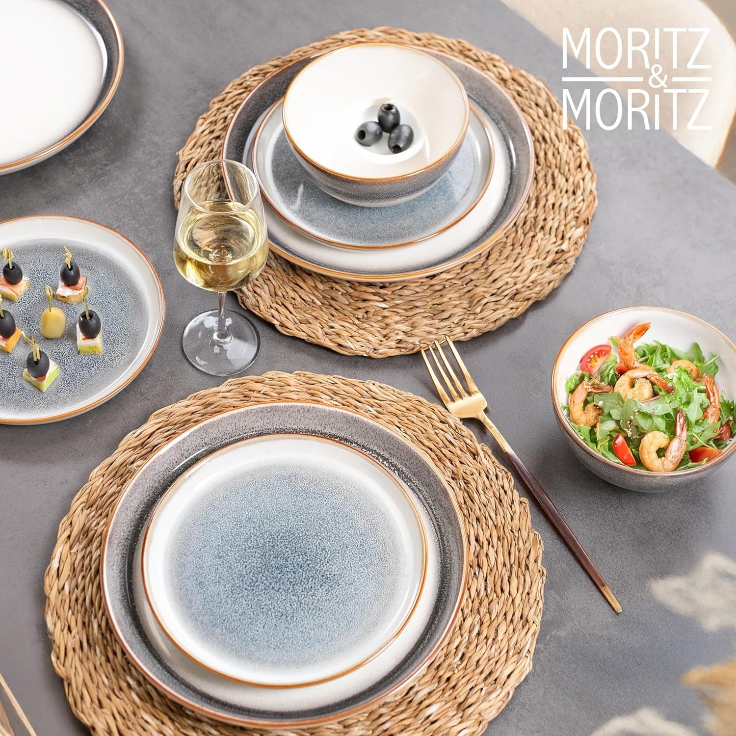 Moritz & Moritz TARENTO 24-częściowy zestaw obiadowy dla 6 osób, szary - Elegancki zestaw talerzy z kamionki wysokiej jakości - Zestaw obiadowy zawiera 6 talerzy obiadowych, 6 talerzy deserowych, 6 talerzy obiadowych i 6 filiżanek