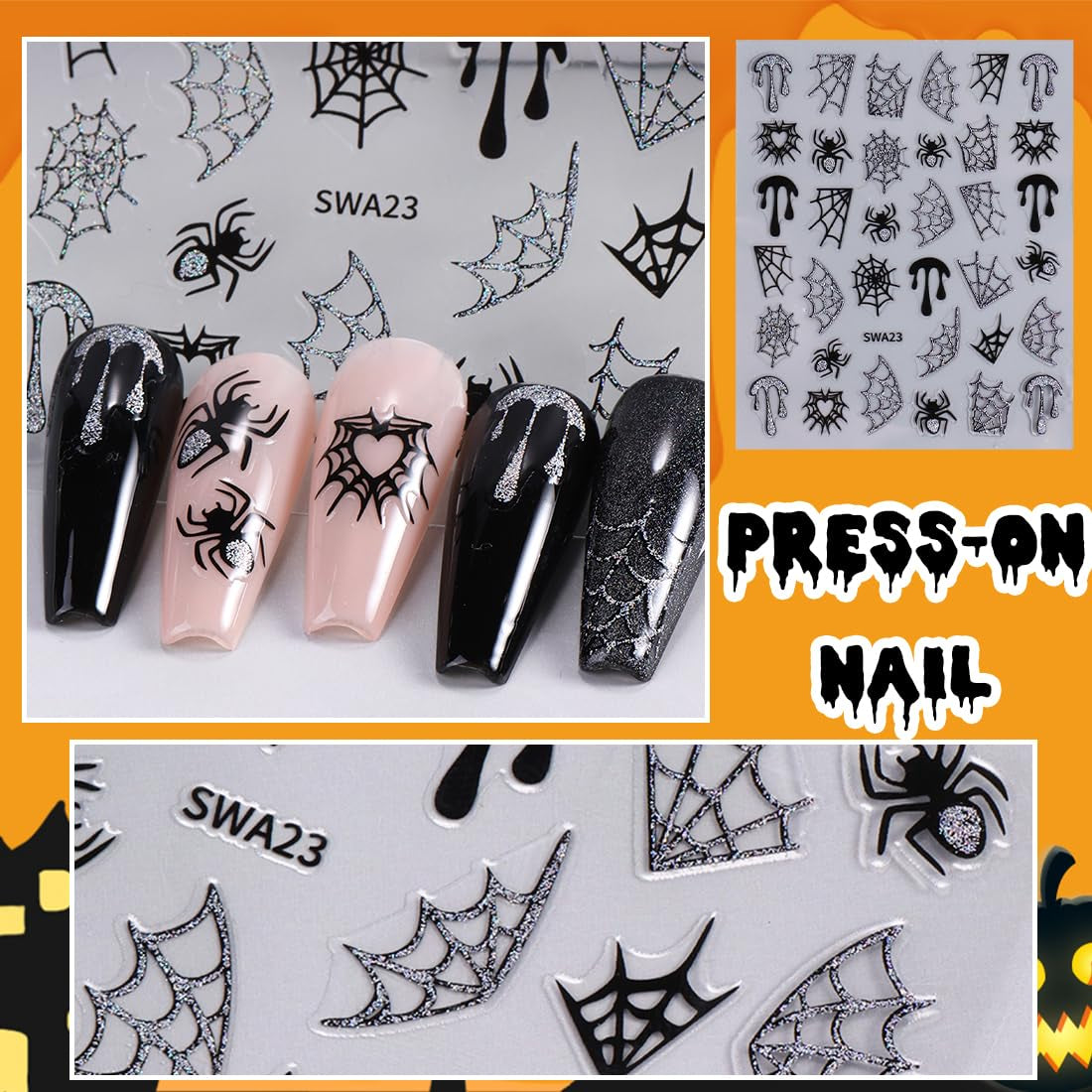5 sztuk Halloweenowych naklejek na paznokcie 3D, stereoskopowych naklejek na paznokcie 5D, ozdób do paznokci, akcesoriów do projektowania paznokci