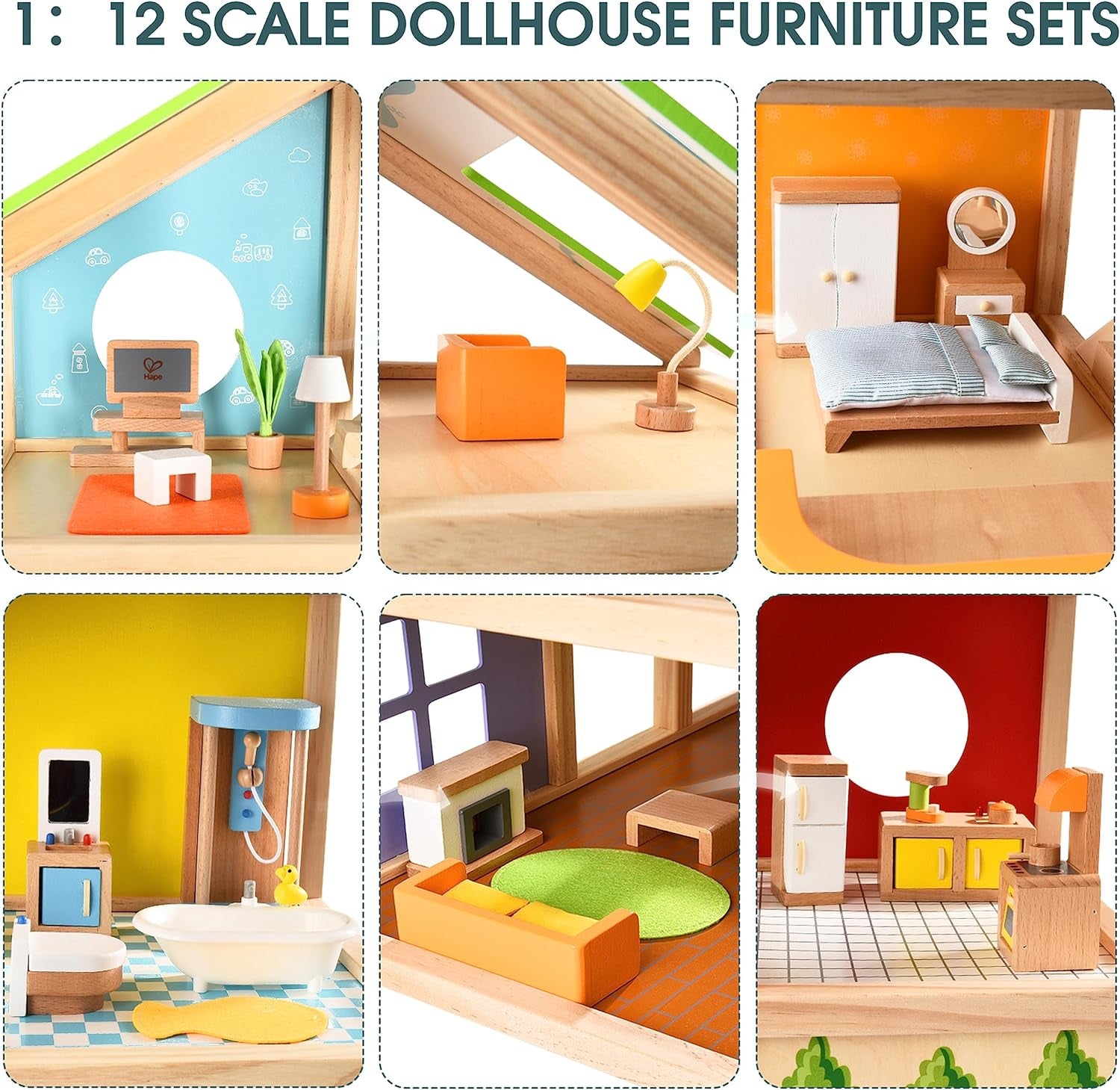 Drewniany domek dla lalek Hape Four Seasons Nagradzany trzypiętrowy domek dla lalek z meblami, akcesoriami, ruchomymi schodami i odwracanym dachem na każdą porę roku Domki dla lalek Naty Shop