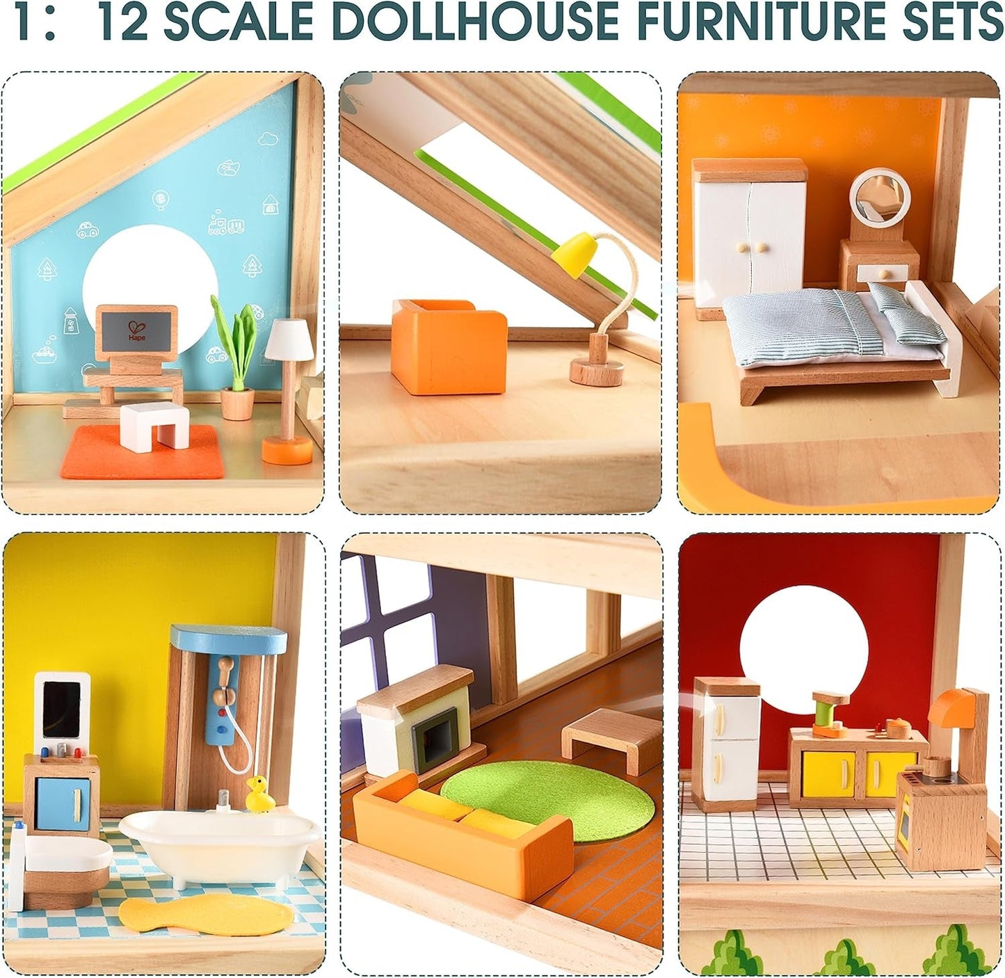 Hape Four Seasons Dollhouse - wielokrotnie nagradzany trzypiętrowy drewniany domek dla lalek z meblami, akcesoriami, przesuwanymi schodami i dwustronnym dachem na każdą porę roku, dla dzieci w wieku od 3 lat