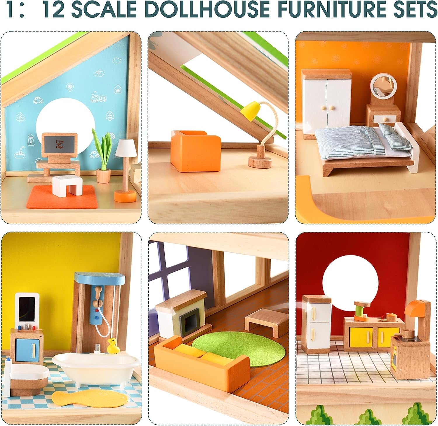 Hape Four Seasons Dollhouse - wielokrotnie nagradzany trzypiętrowy drewniany domek dla lalek z meblami, akcesoriami, przesuwanymi schodami i dwustronnym dachem na każdą porę roku, dla dzieci w wieku od 3 lat