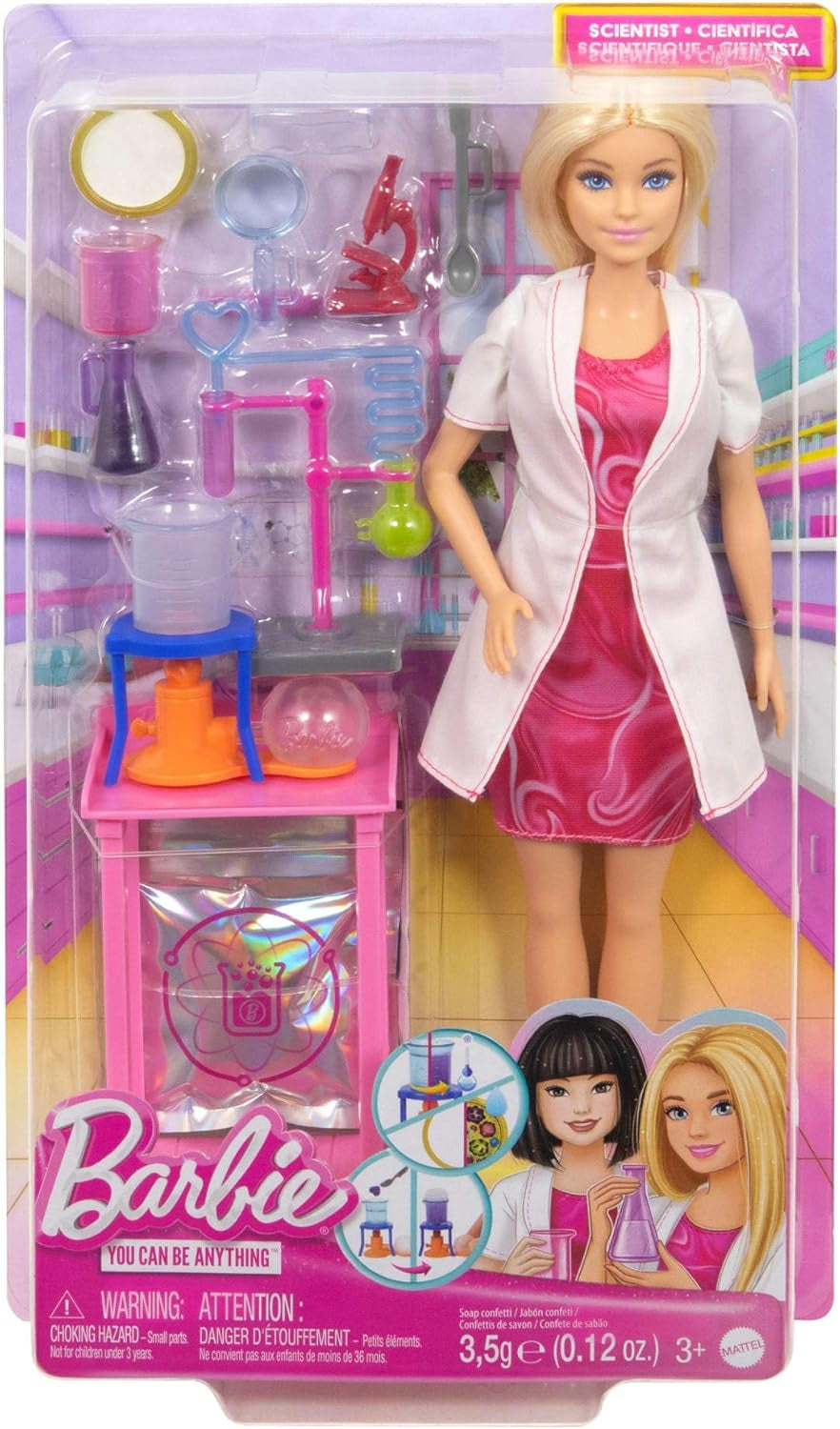 Lalka Barbie Naukowiec i akcesoria z modną blondynką, stołem laboratoryjnym, mikroskopem, kasjerem zmieniającym kolor i szalką Petriego, lalki JCR70 Naty Shop