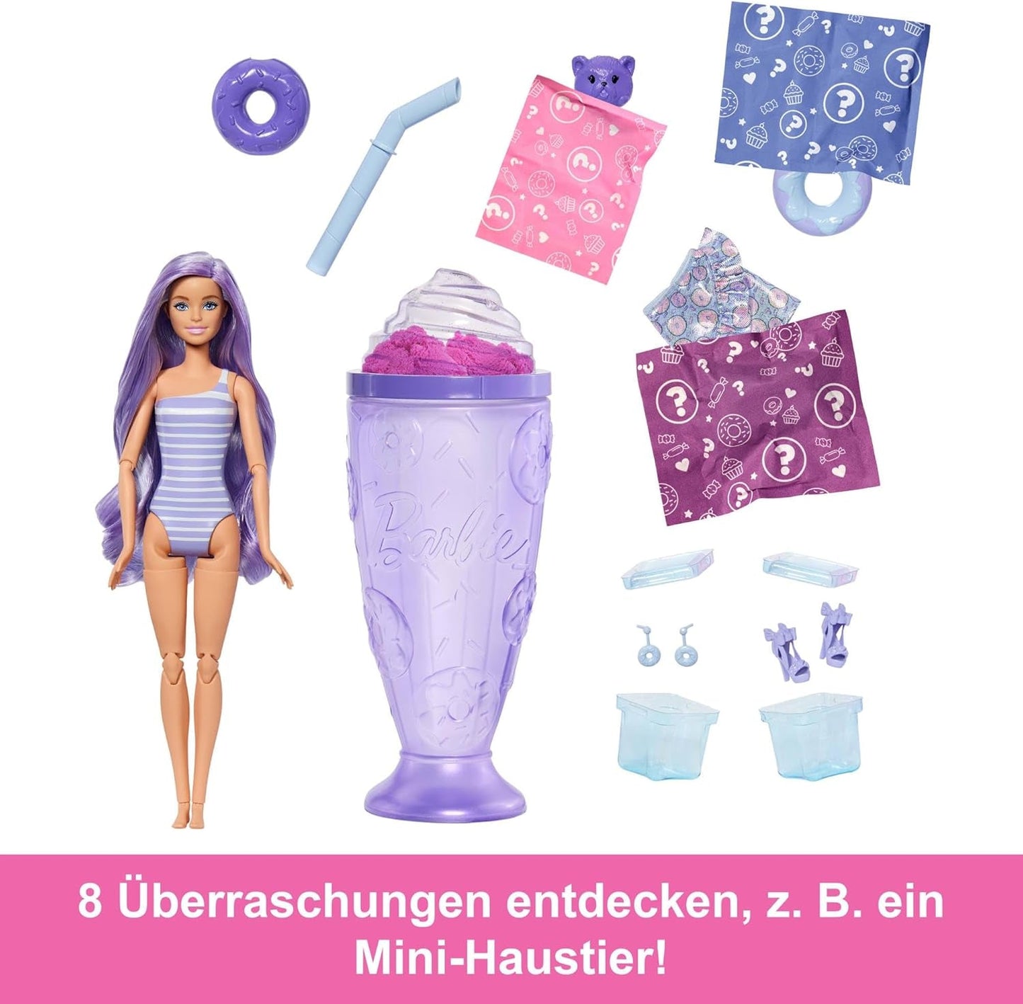 Zestaw Barbie Pop Reveal Series z lalką modową i akcesoriami, seria Candy, projekt Donut Dreams ze zwierzakiem, 8 niespodzianek, w tym zmiana koloru, JFY60