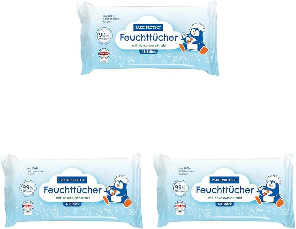 PAEDIPROTECT Chusteczki nawilżane dla dzieci 1 x 10 szt. Chusteczki nawilżane dla dzieci Sensitive Chusteczki nawilżane na bazie wody 99% wody Bezzapachowe Dla dzieci i dzieci Delikatna skóra Ekstrakt z kokosa Bez mikroplastików Wegańskie (5 szt.)