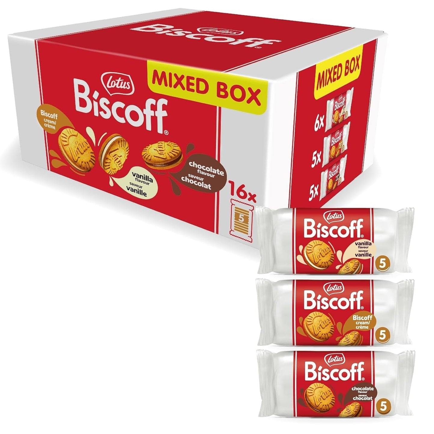 Lotos Biscoff | Pakiet odmian podwójnych ciastek | 3 odmiany: krem ​​biszkoptowy, aromat waniliowy i czekoladowy | 5 podwójnych ciastek w opakowaniu | Składniki pochodzenia naturalnego | Bez barwników | 16x50g | 800g