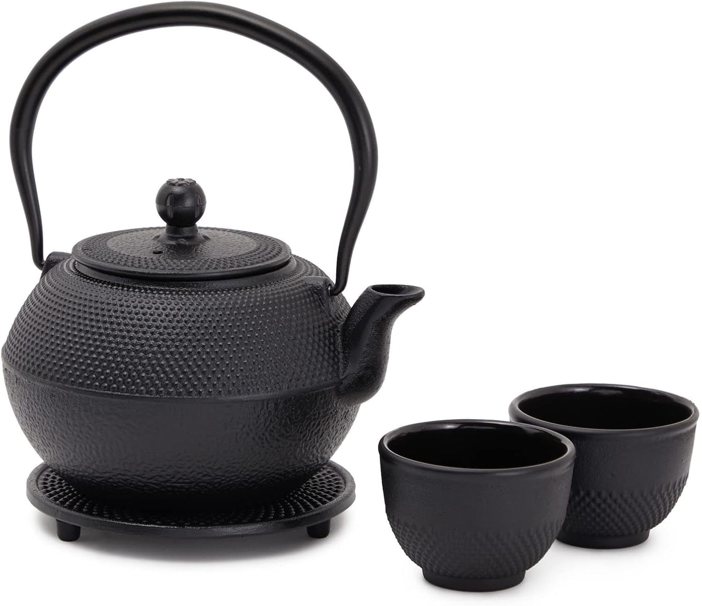 Japoński zestaw do herbaty Juvale z żeliwnym czajnikiem (1200 ml), spodkiem i 2 filiżankami, zestaw do herbaty w stylu Tetsubin, czarny