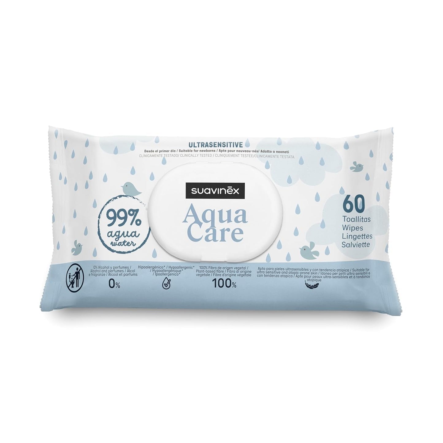 Suavinex Aqua Care Chusteczki nawilżane dla dzieci 60 szt. Chusteczki oczyszczające 99% włókien roślinnych wodnych Aloe Vera Bezzapachowy Bez alkoholu Testowany dermatologicznie Odpowiedni dla skóry wrażliwej