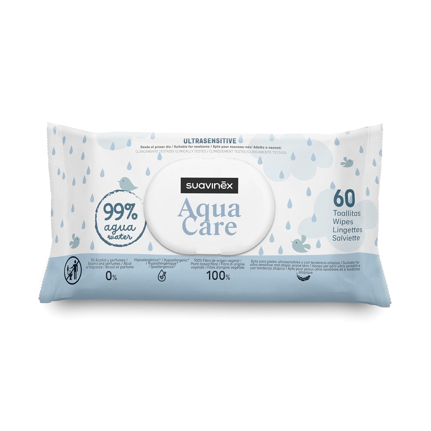 Suavinex Aqua Care Chusteczki nawilżane dla dzieci 60 szt. Chusteczki oczyszczające 99% włókien roślinnych wodnych Aloe Vera Bezzapachowy Bez alkoholu Testowany dermatologicznie Odpowiedni dla skóry wrażliwej