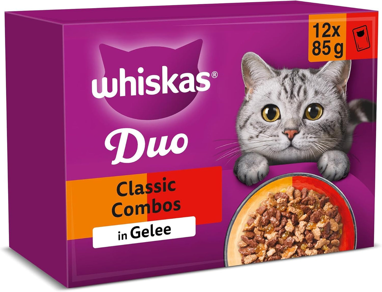WHISKAS Duo Saszetki na porcje mokrej karmy, opakowanie zbiorcze, klasyczna kombinacja w galarecie, 12 x 85g
