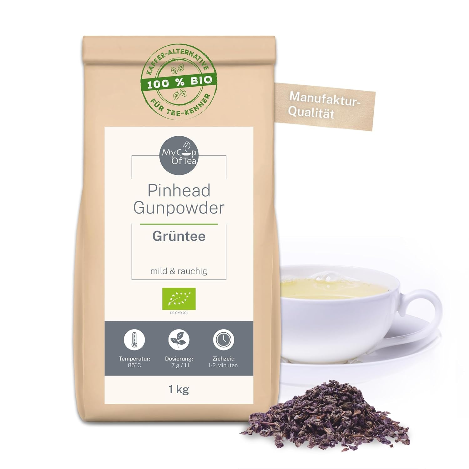 Pinhead Gunpowder Organiczna zielona herbata luzem 1kg – Wysokiej jakości organiczna zielona herbata z Chin – Lekko wędzony smak – Dla smakoszy i koneserów herbaty – Mycupoftea