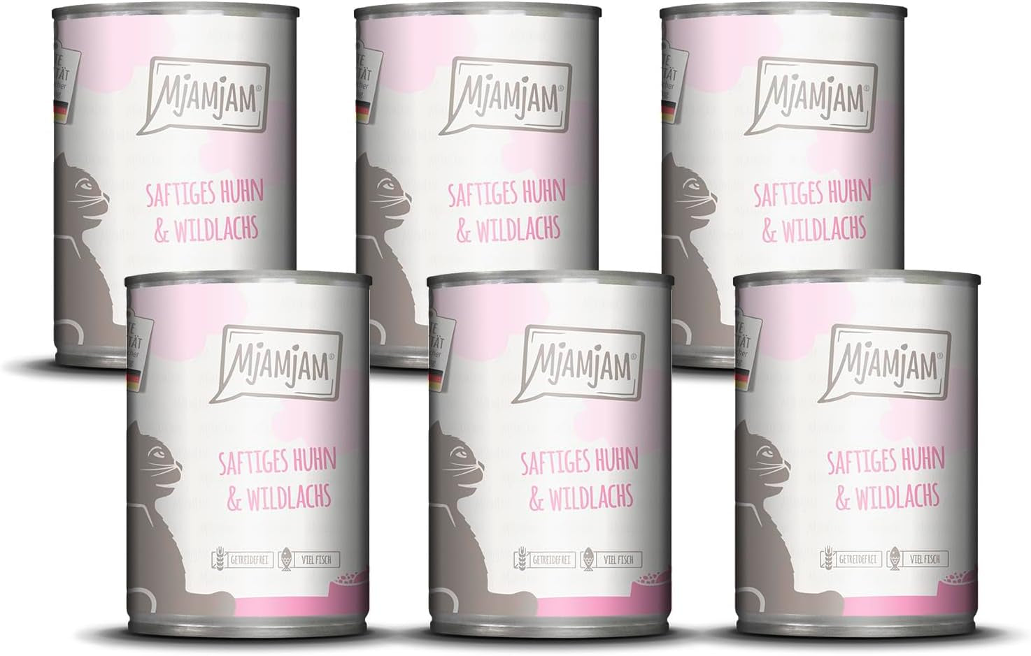 MjAMjAM - Mokra karma premium dla kotów - Soczysty kurczak i dziki łosoś, 6 szt. (6 x 400 g), bez zbóż, z dodatkowym mięsem