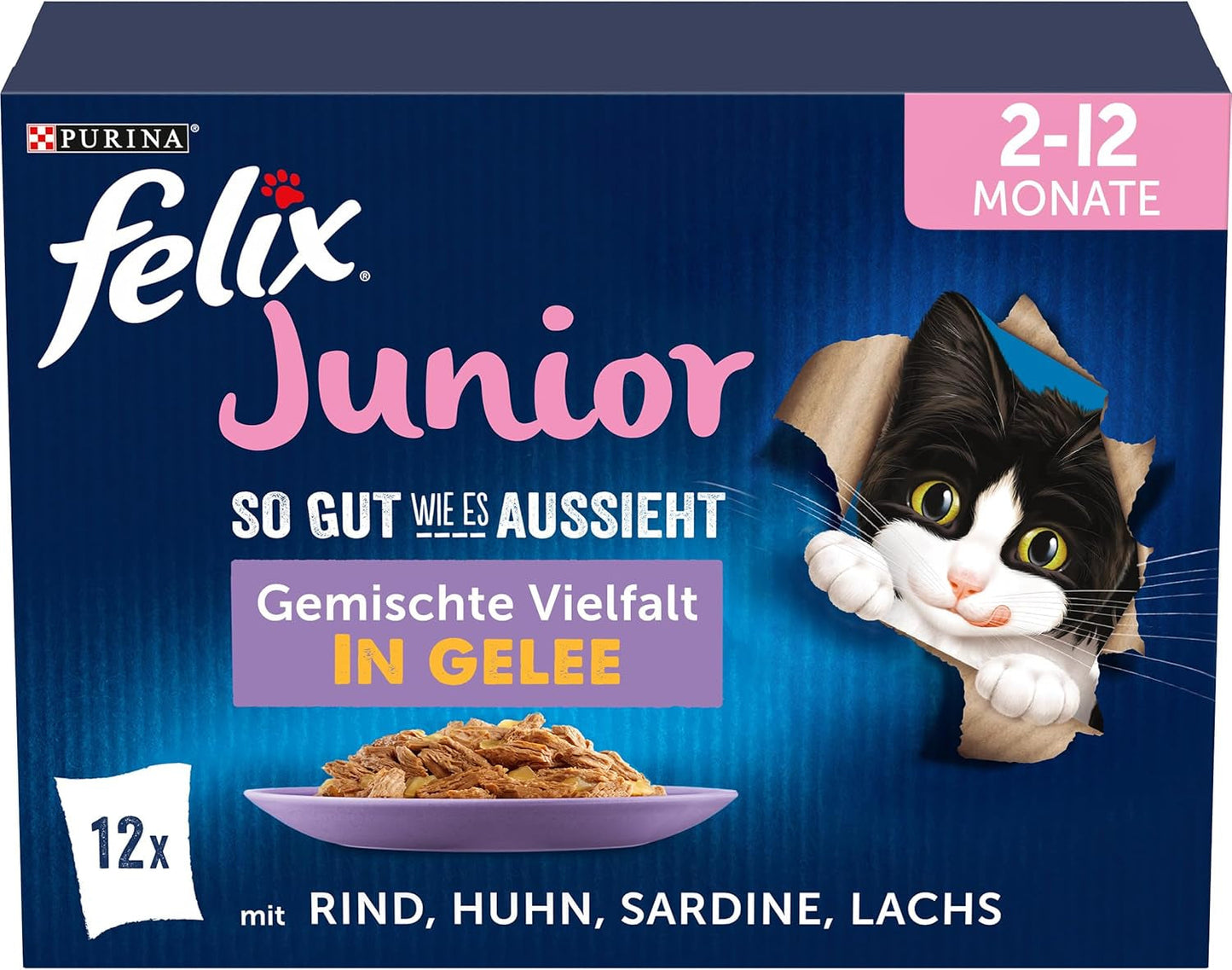 Felix As Good As It Looking Junior Mokra karma w galaretce dla kociąt, mix mix, opakowanie 6 szt. (6 x 12 saszetek po 85 g każda)