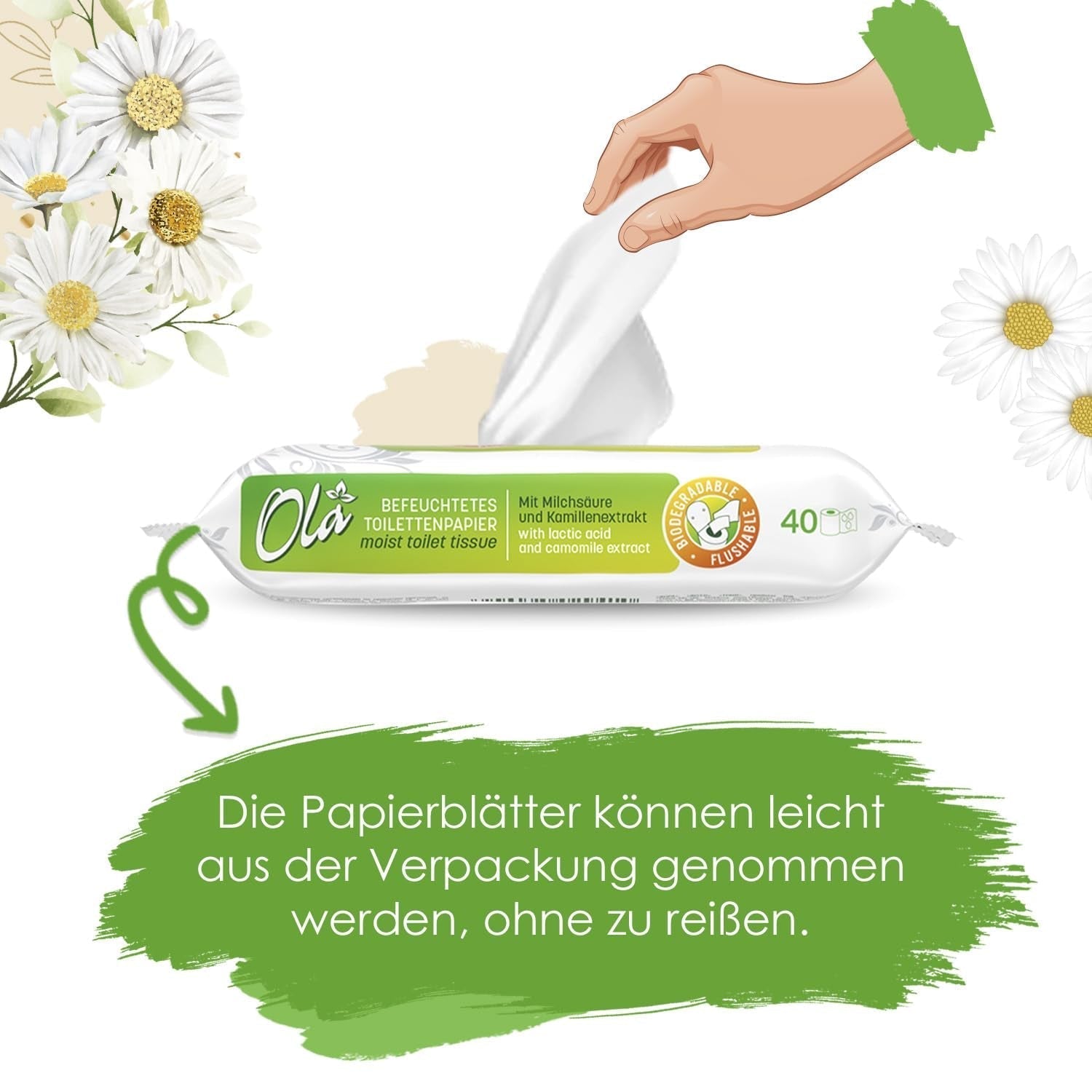 Papier toaletowy mokry OLA - (1X40 szt.) Chusteczki nawilżane - ekstrakt z rumianku i kwas mlekowy, zmywalne, skóra wrażliwa - 40 szt.