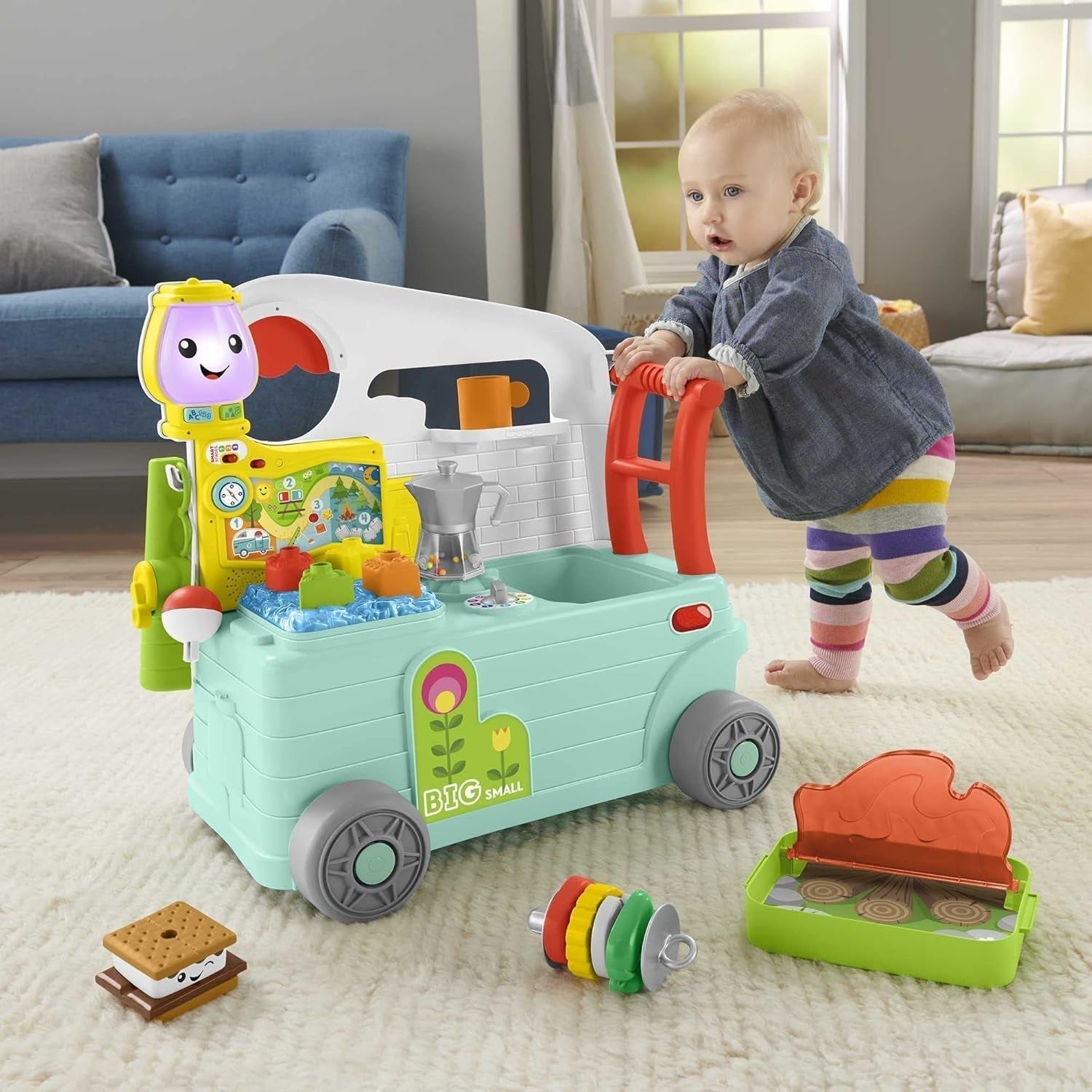 Fisher-Price - Śmiej się i ucz się Camper 3 w 1 Zabawka pchająca dla dzieci i centrum aktywności muzycznej Zabawka dla dzieci 9-36 miesięcy HCK51 Zabawki dla niemowląt Naty Shop