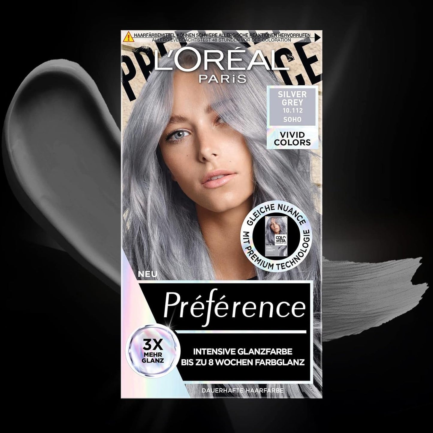 L'Oréal Paris Intensywna trwała koloryzacja włosów, Do 8 tygodni lśniących włosów i intensywnego koloru, Préférence Vivid Colors, Kolor: 10.112 SILVER GREY, 1 szt. (2 sztuki w opakowaniu) Farba do włosów Naty Shop