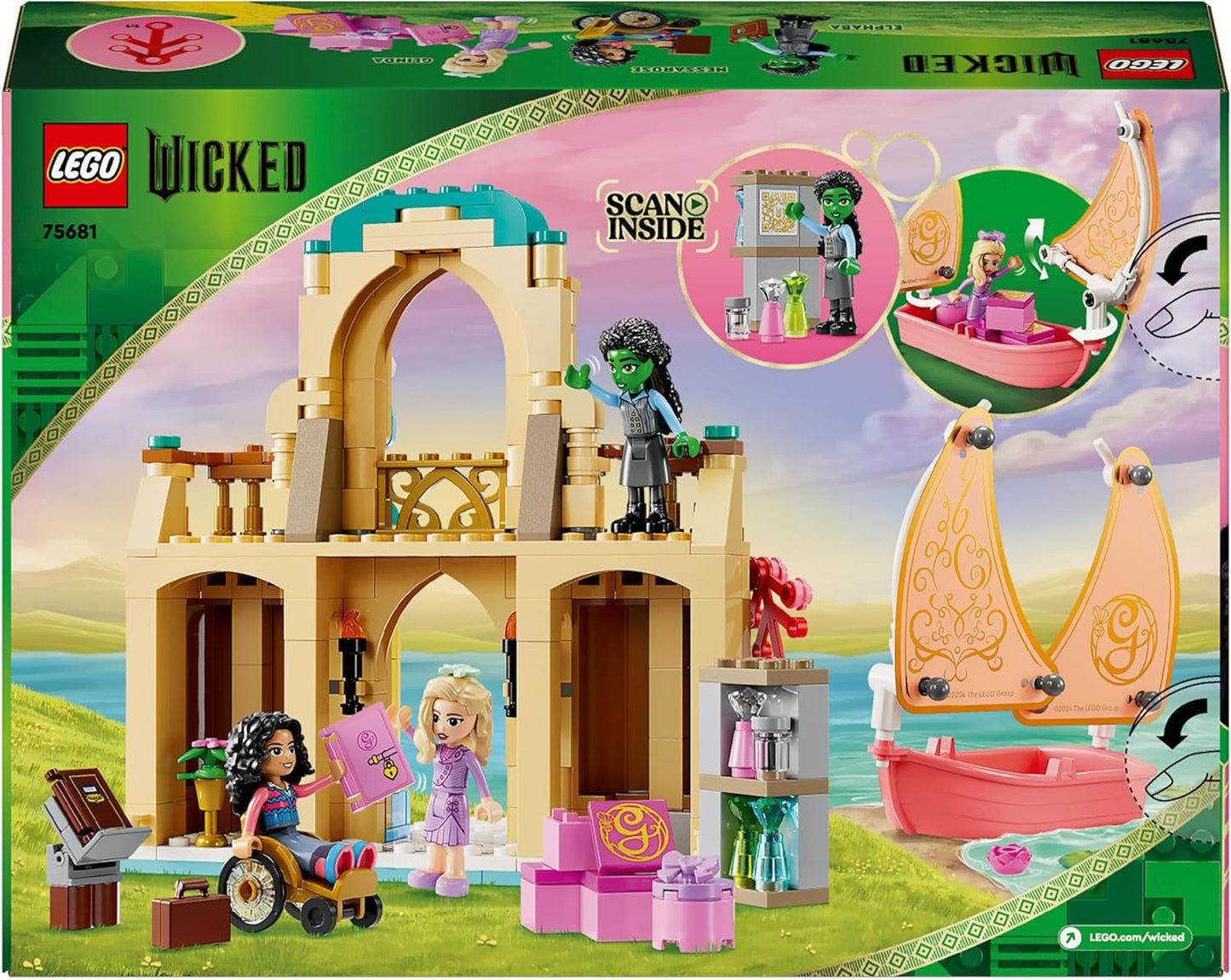 LEGO Wicked Glinda, Elfaba i Nessarose na żaglówce Uniwersytetu Shiz i 3 figurkach łódki Prezent dla dziewcząt i chłopców od 7. roku życia Miłośnicy domków dla lalek 75681 Zestawy do budowania Besuche w sklepie LEGO