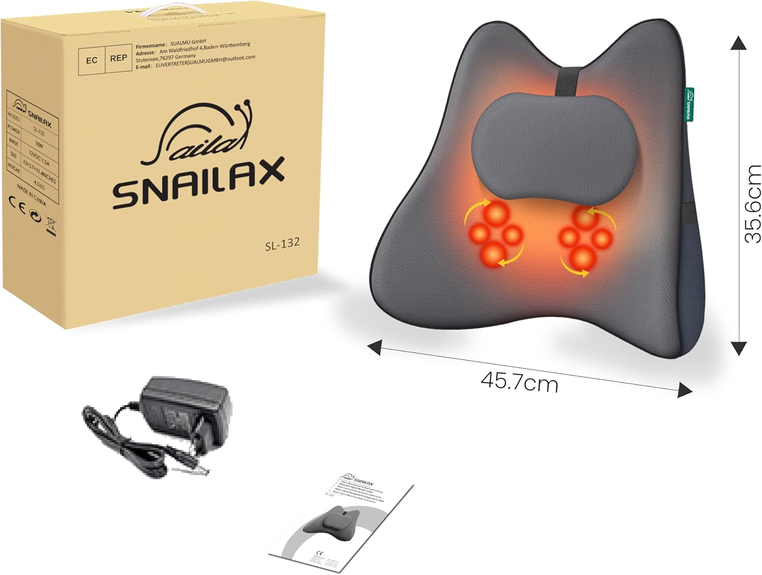 Snailax Ergonomiczna poduszka podparcia lędźwiowego z masażem i ciepłem, poduszka pod plecy Shiatsu z pianki memory, poduszka siedziska z 3 intensywnościami masażu | 2 poziomy ogrzewania | 3 timery | wygodna pozycja siedząca