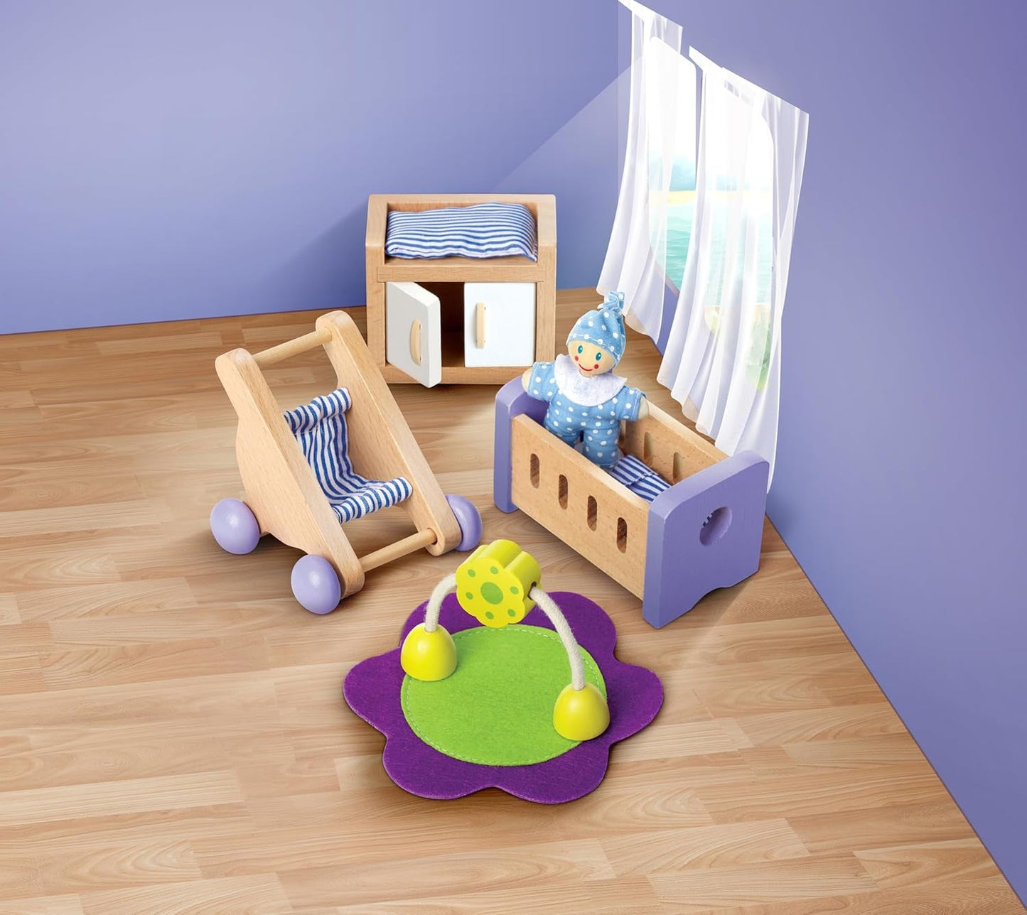 Hape Baby Room - drewniany zestaw do pokoju lalek, mebelki dla lalek, akcesoria do domku dla lalek dla maluchów, miniaturowy pokój dziecięcy z huśtawką i akcesoriami, 3-letnie odgrywanie ról