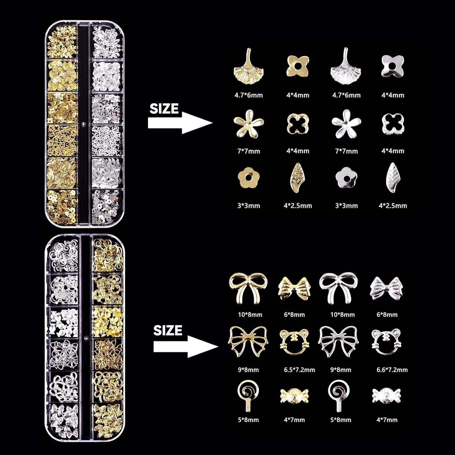 Breloczki do kluczy do paznokci Zestaw 4 pudełek - 48 rodzajów Złote i srebrne Breloczki do kluczy 3D do paznokci (motyle, kwiaty, perły itp.) + pęseta i długopis - Do samodzielnego wykonywania paznokci żelowych i akrylowych | Idealny do salonu paznokci i domu